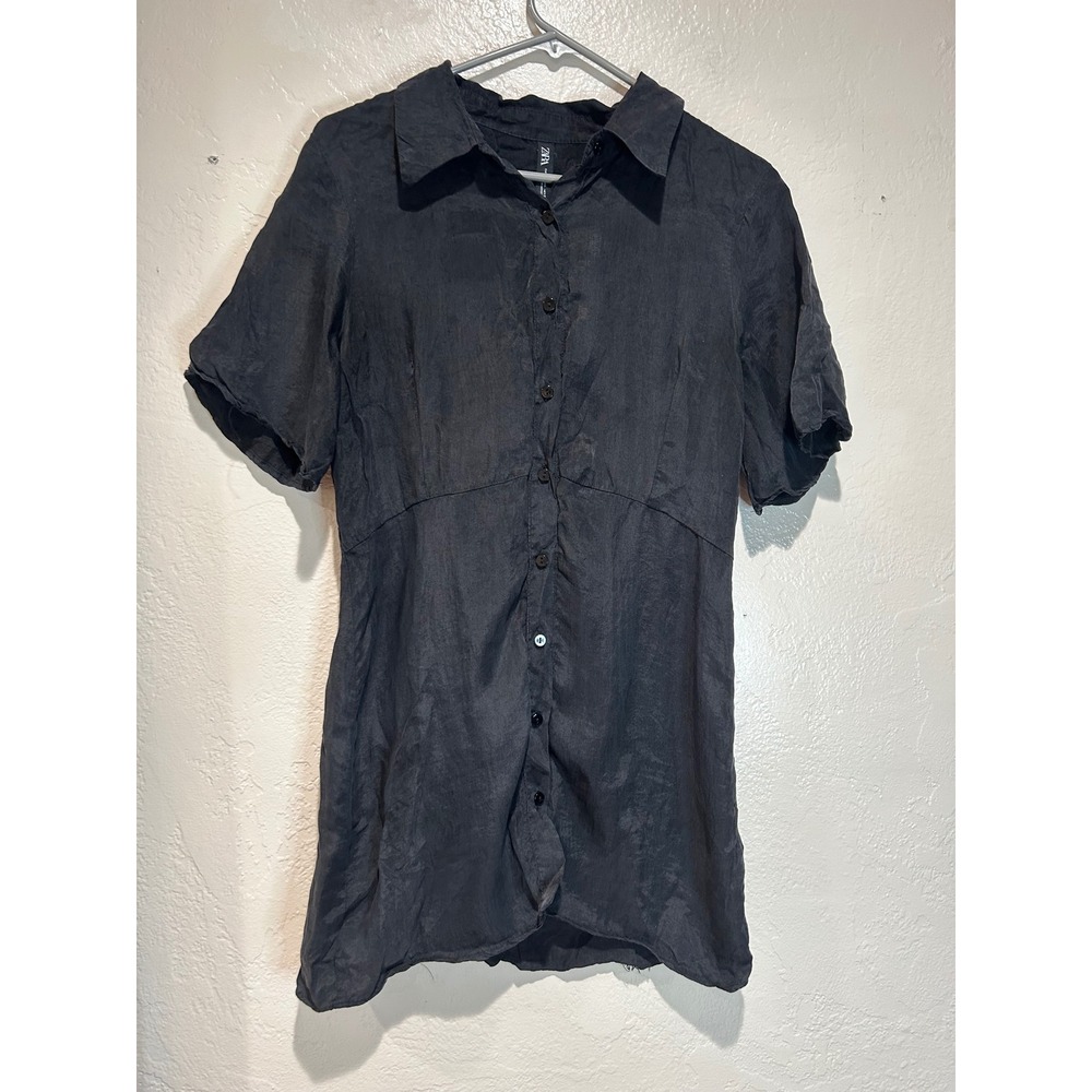 Zara Womens Black Short Sleeve Button‎ Down Shirt Dress Size L Collared Mini